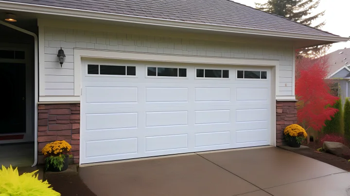 Split image showing a garage door before and after replacement; the left side has a damaged, rusty door, while the right side has a new, clean white garage door.