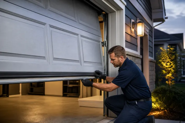A man wearing gloves repairs or inspects a partially open garage door outside a house in the evening, with lights on and shrubs visible near the entrance. A man wearing gloves repairs or inspects a partially open garage door outside a house in the evening, with lights on and shrubs visible near the entrance.