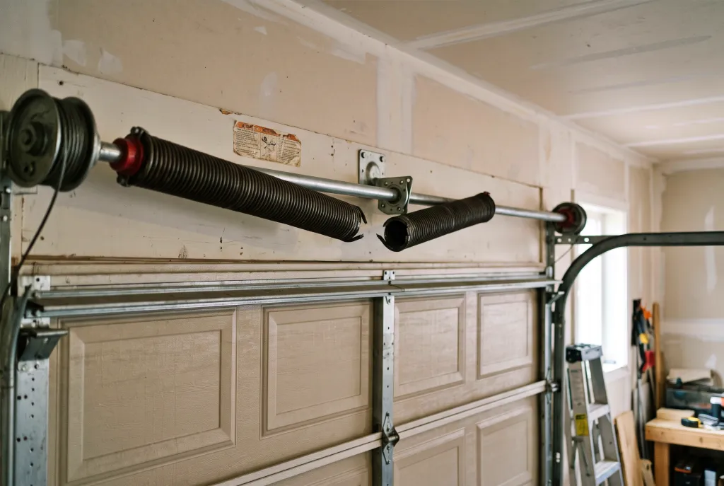 A broken garage door torsion spring on a double garage door, with tools and a ladder visible in the background, illustrates the need for prompt broken torsion spring repair.