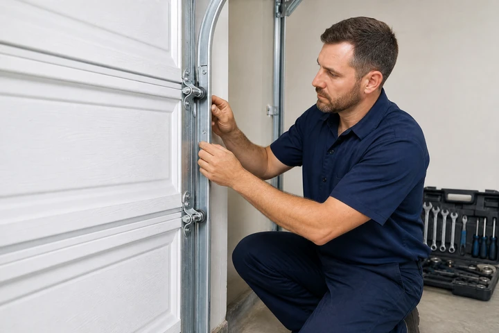 Technician completing a repair on a residential garage door track and rollers.