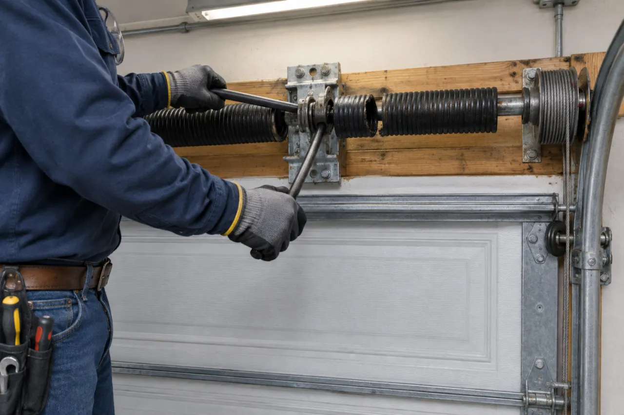 A person wearing gloves performs a broken torsion spring repair, adjusting a garage door torsion spring using two metal rods. The person is standing in front of a white garage door with tools clipped to their belt.