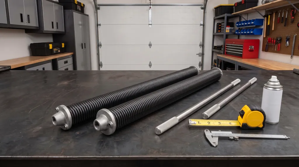 Two large black torsion springs, metal rods, a tape measure, caliper, and a spray can are arranged on a workbench in a garage workshop—perfect tools for tackling a broken torsion spring repair. Shelves, tools, and a closed garage door are visible in the background.