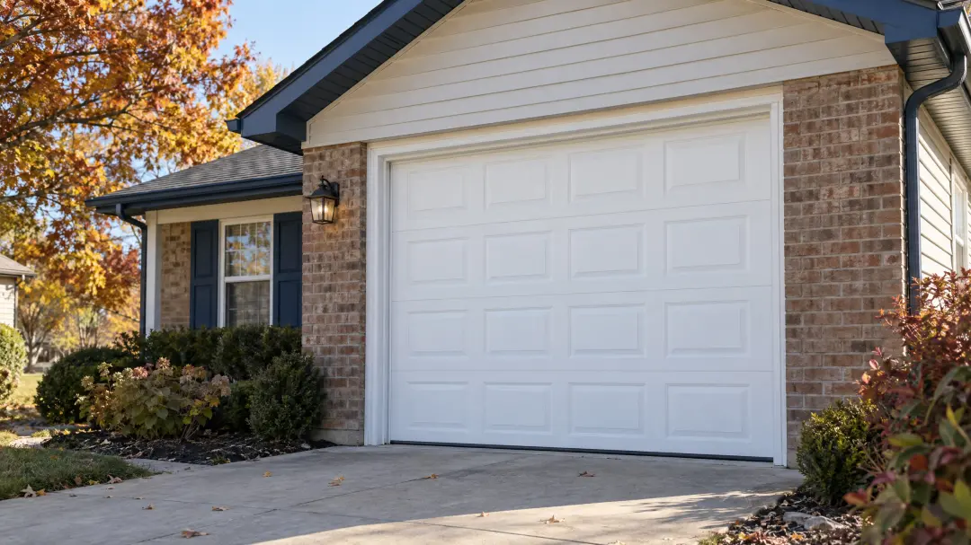 A white paneled garage door on a brick and siding house with autumn trees in the background, a style often chosen when considering how long garage door installation takes.