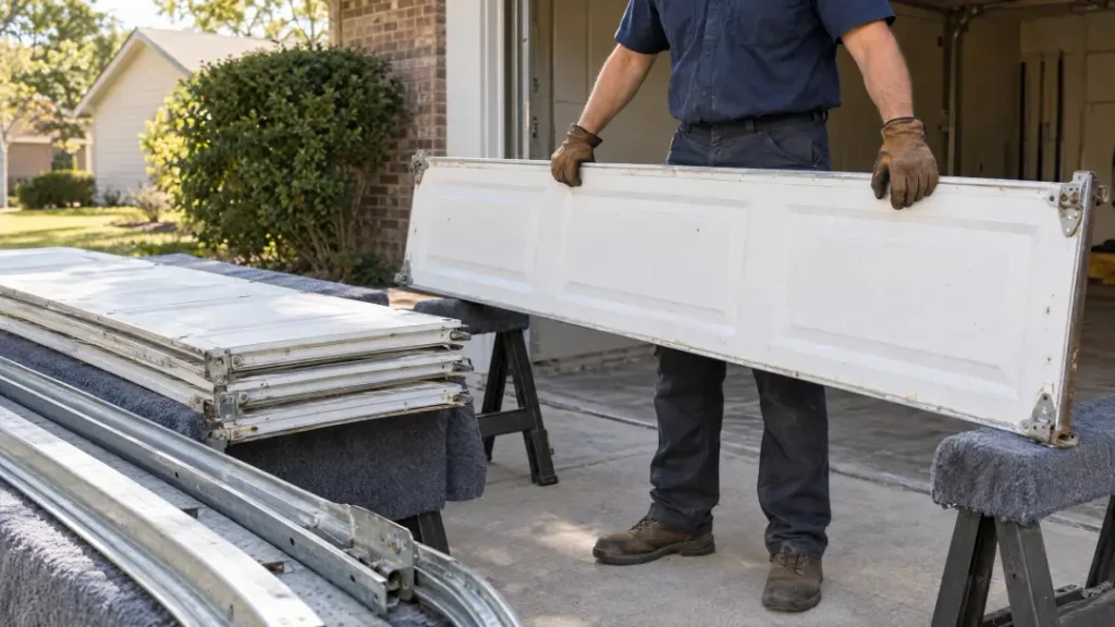 A worker in gloves holds a white garage door panel near a stack of panels and metal tracks on sawhorses, illustrating how long garage door installation takes.
