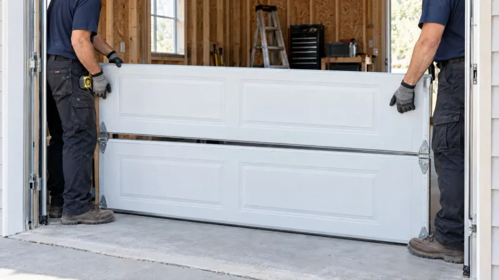Two workers in workwear and gloves lift a white sectional garage door panel into place during the garage door installation.