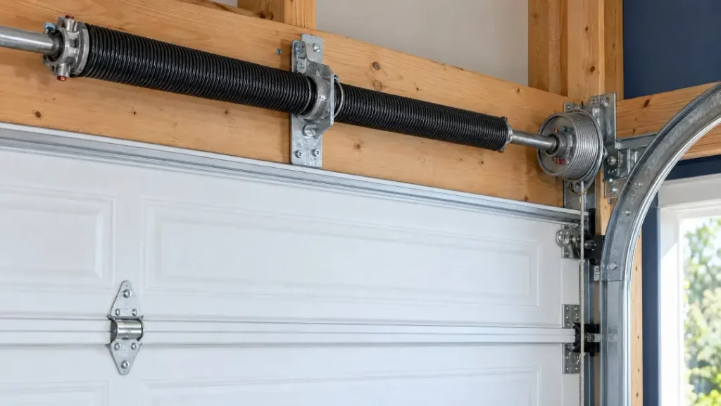 Garage door torsion spring and cable drum assembly mounted on a wooden header above a white sectional door, typical of parts inspected to see how long garage door installation takes.