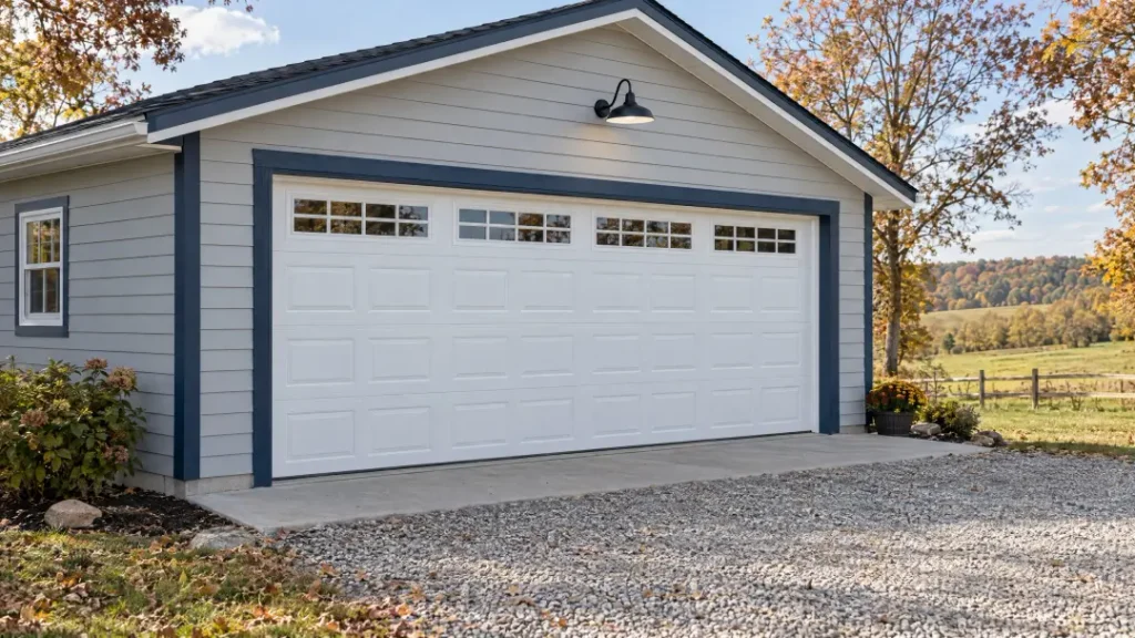 A detached gray garage with a white sectional door and a row of windows across the top, showing the final result after garage door installation.