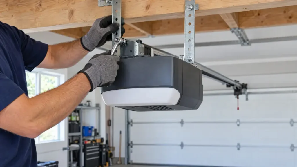 A person wearing work gloves uses a wrench to tighten a bolt on a garage door opener motor, a task often considered during garage door installation.